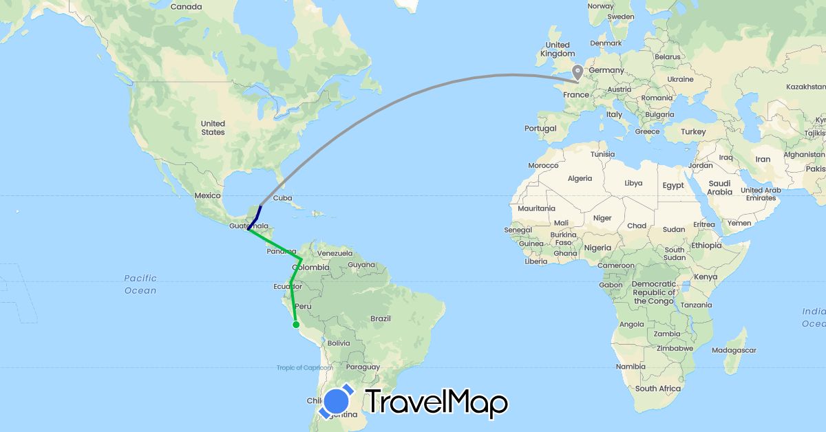 TravelMap itinerary: driving, bus, plane in Belize, Colombia, Ecuador, France, Guatemala, Mexico, Nicaragua, Peru (Europe, North America, South America)